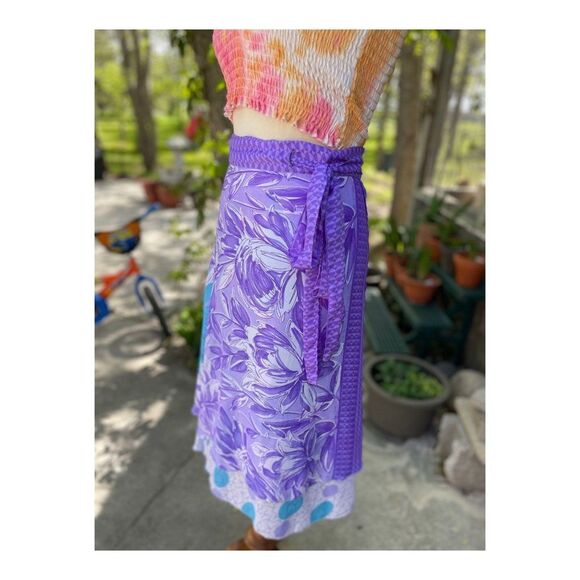 Jovani Designs Silk Blend Wrap Skirt Mix Print Beach Travel Purple Blue Sz M - Picture 8 of 9